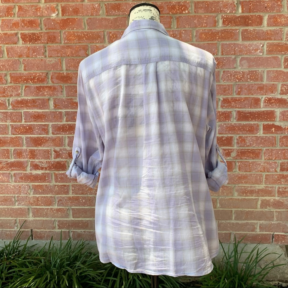 Eddie Bauer Plaid Button Down Top Roll Tab Sleeve Purple size large - Picture 3 of 5